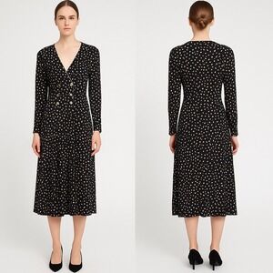 Topshop Polka Dot Midi Dress US 12 Black Beige V-Neck‎ Long Sleeve Button Front